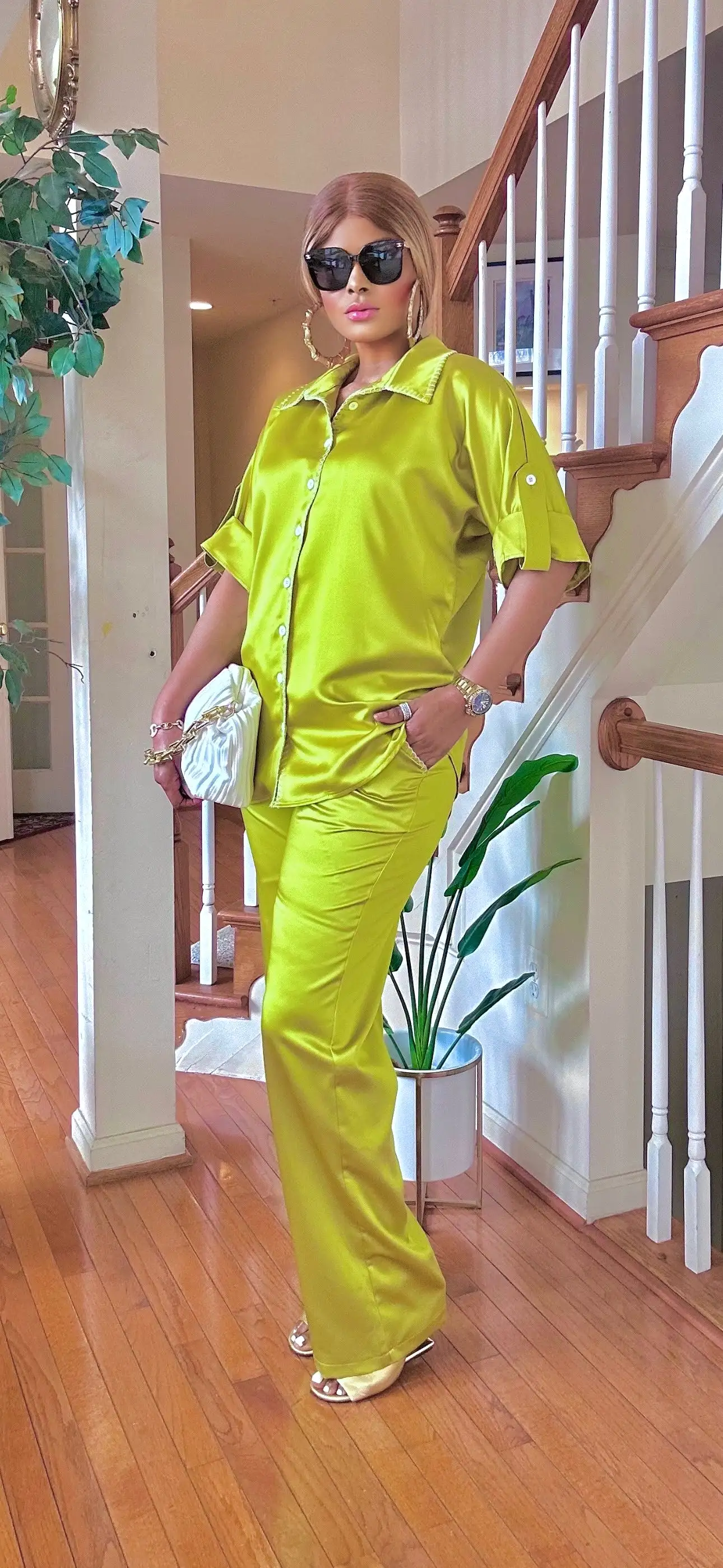 SATIN 2 PIECE BUTTON DOWN SHIRT/PALAZZO PANT(LEMON)