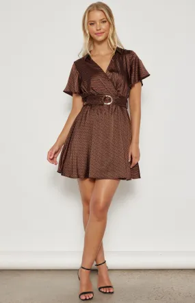 Satin Geo Print Mini Dress with Metal Ring Buckle (WDR642A)