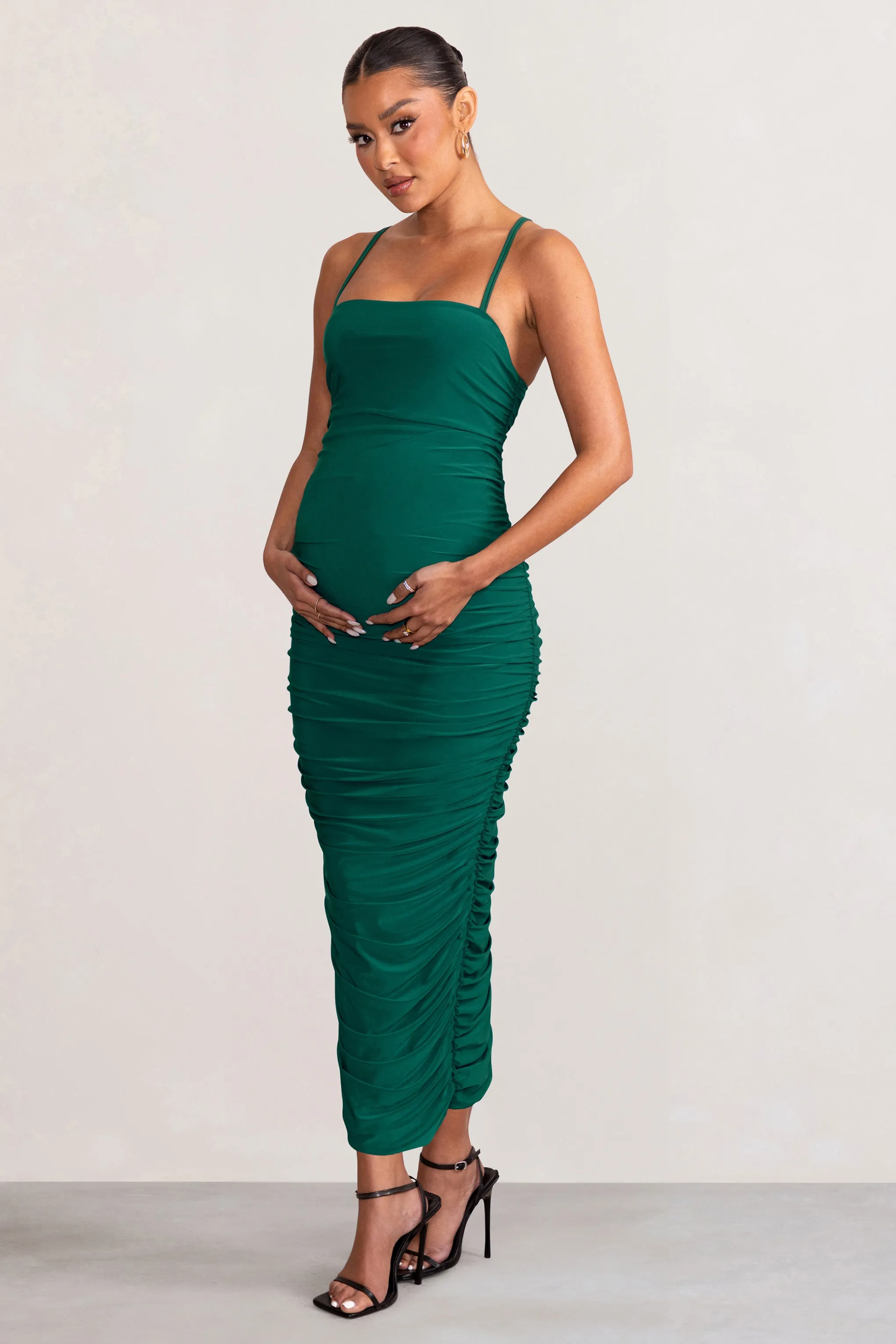 Sentimental | Bottle Green Maternity Midi Dress with Cami Straps and Ruching