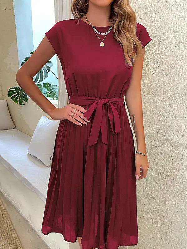 Short Sleeve Pleated Midi Dress