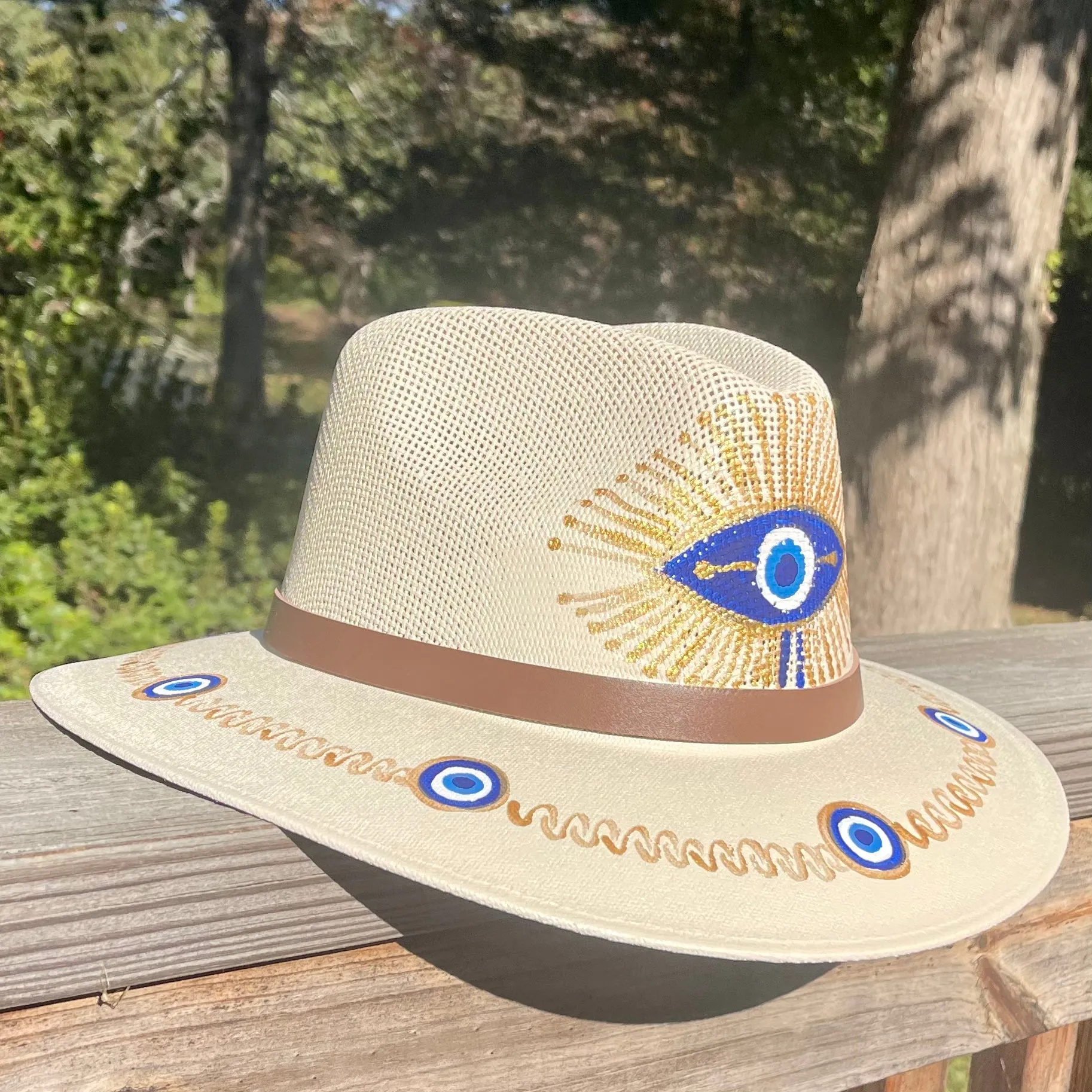 Sombrero Cream & Blue/ Gold Evil Eye