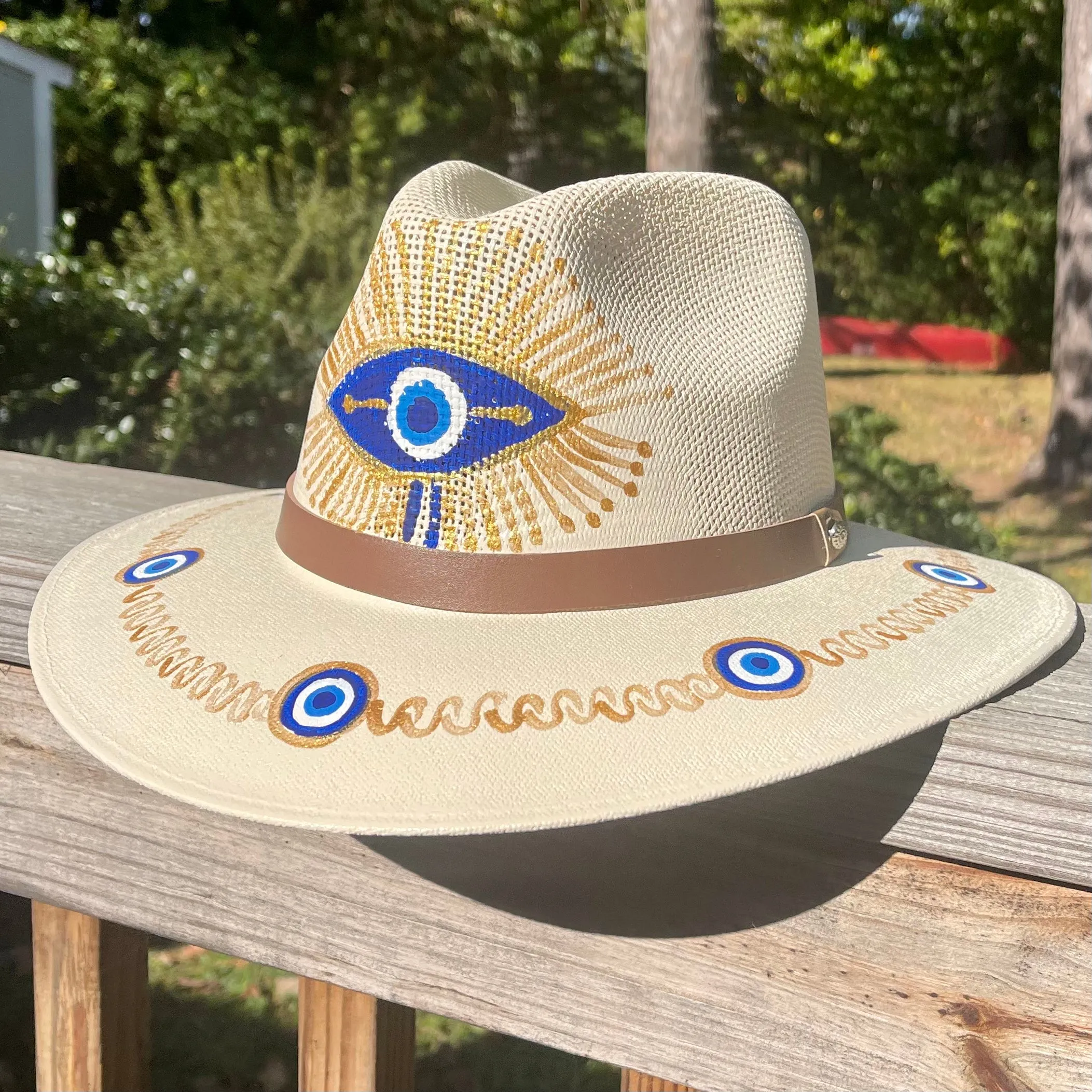 Sombrero Cream & Blue/ Gold Evil Eye