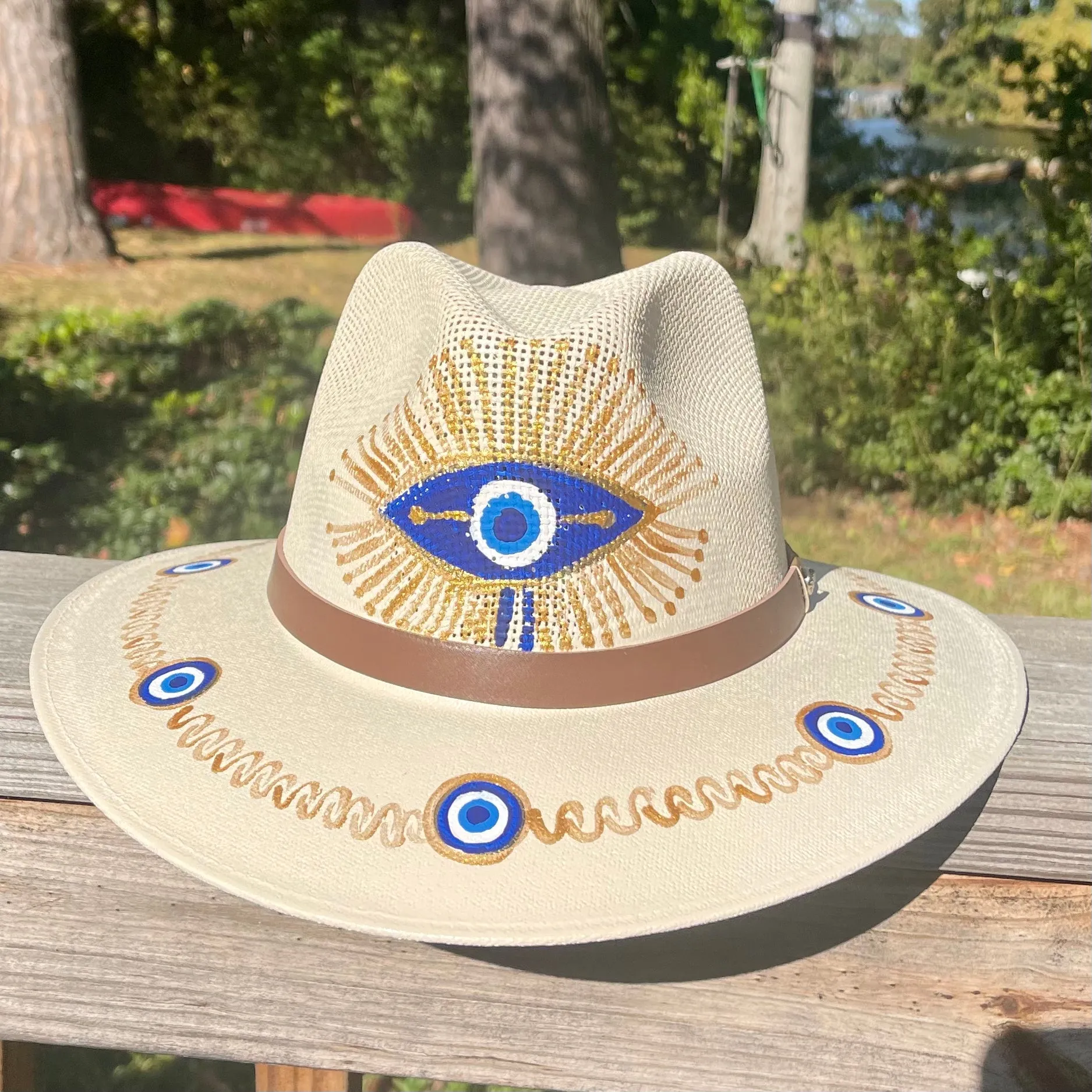 Sombrero Cream & Blue/ Gold Evil Eye