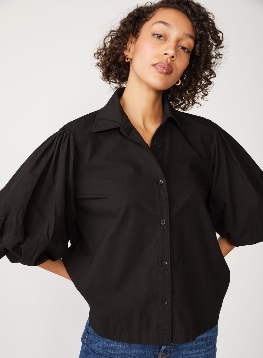 Structured Poplin Puff Sleeve Shirt in Black