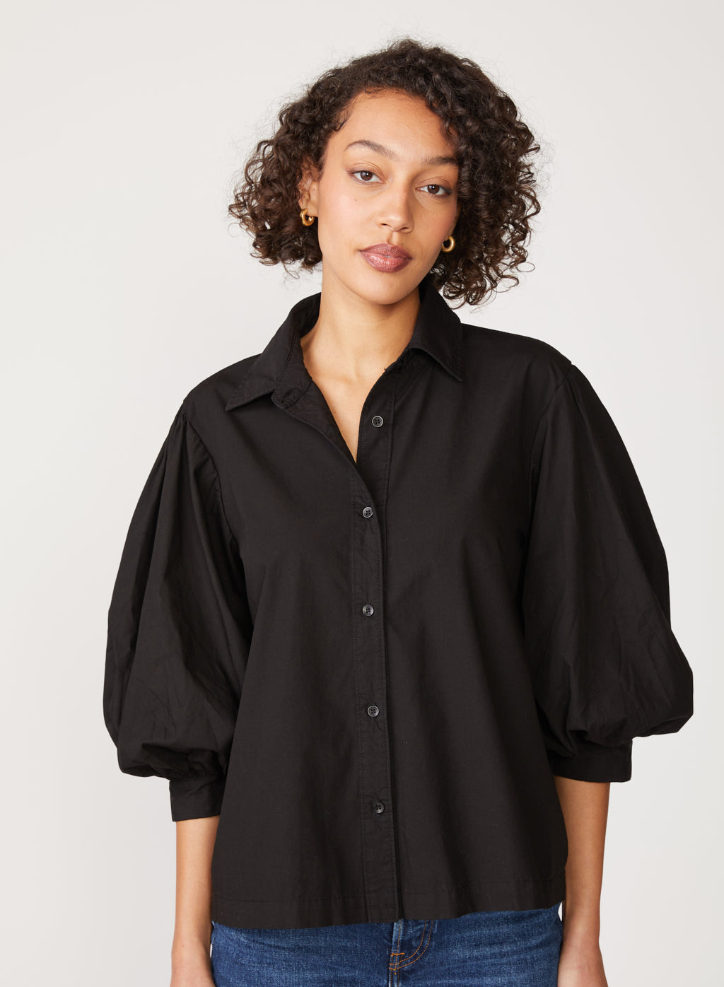 Structured Poplin Puff Sleeve Shirt in Black