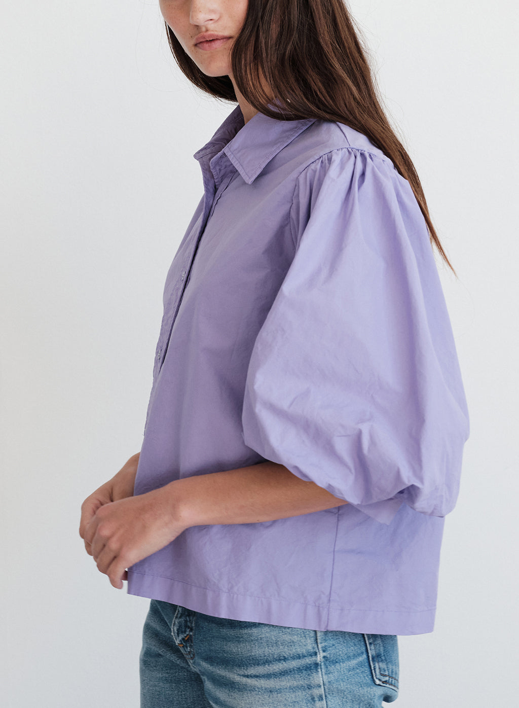 Structured Poplin Puff Sleeve Shirt in Iris