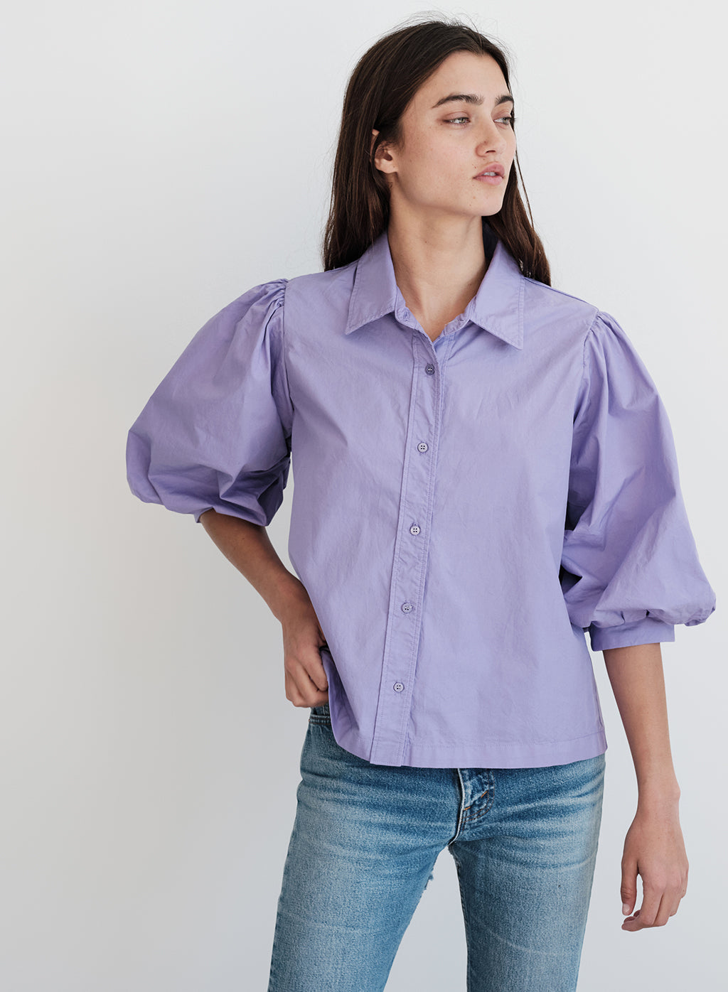 Structured Poplin Puff Sleeve Shirt in Iris