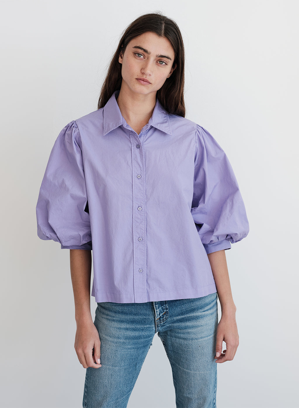 Structured Poplin Puff Sleeve Shirt in Iris