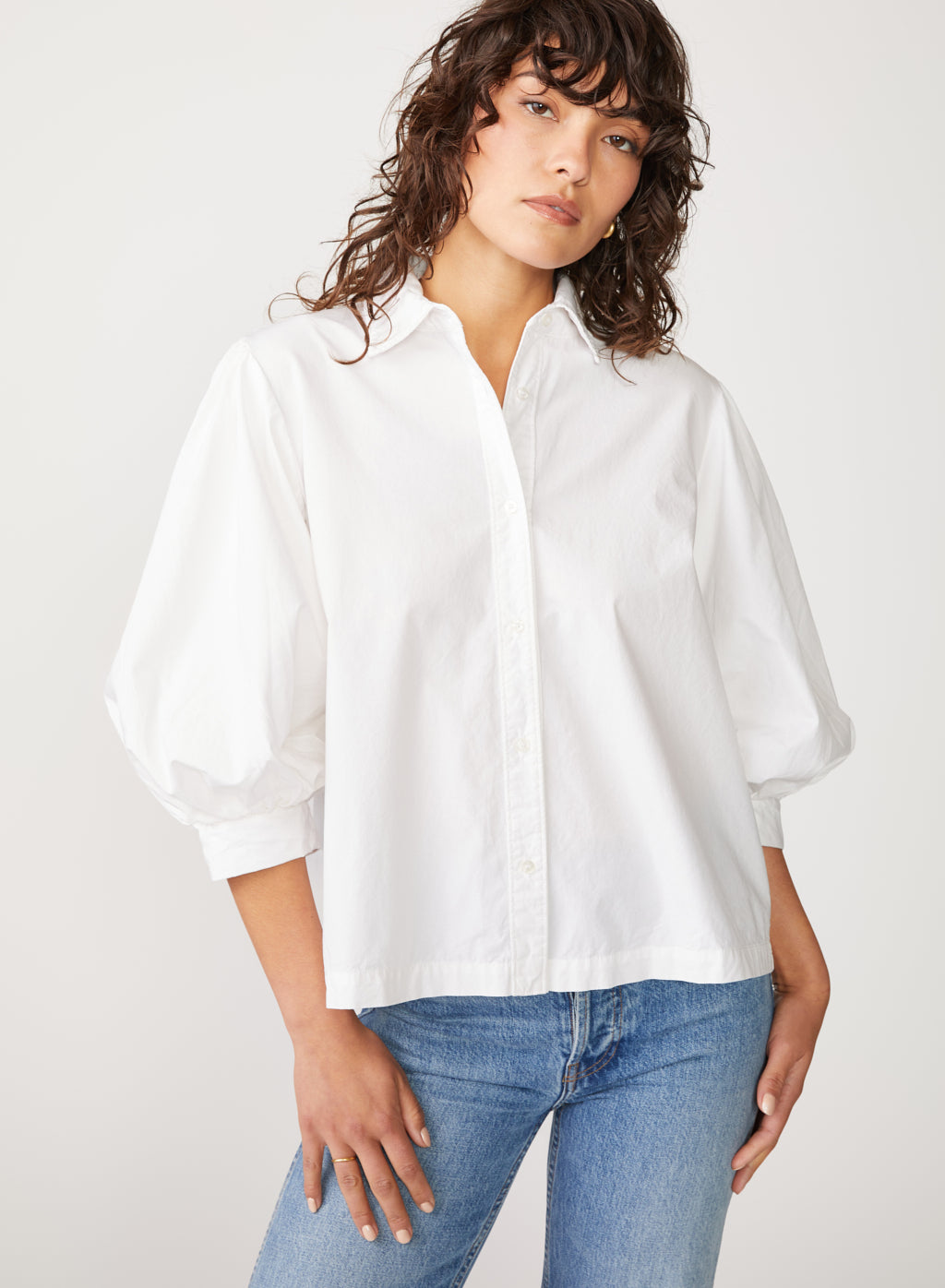 Structured Poplin Puff Sleeve Shirt in White