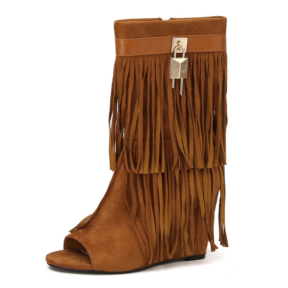 Summer Cowgirl Boots Tassle Peep Toe Summer Boots For Women Lock Decor Zipper Wedges Fringe