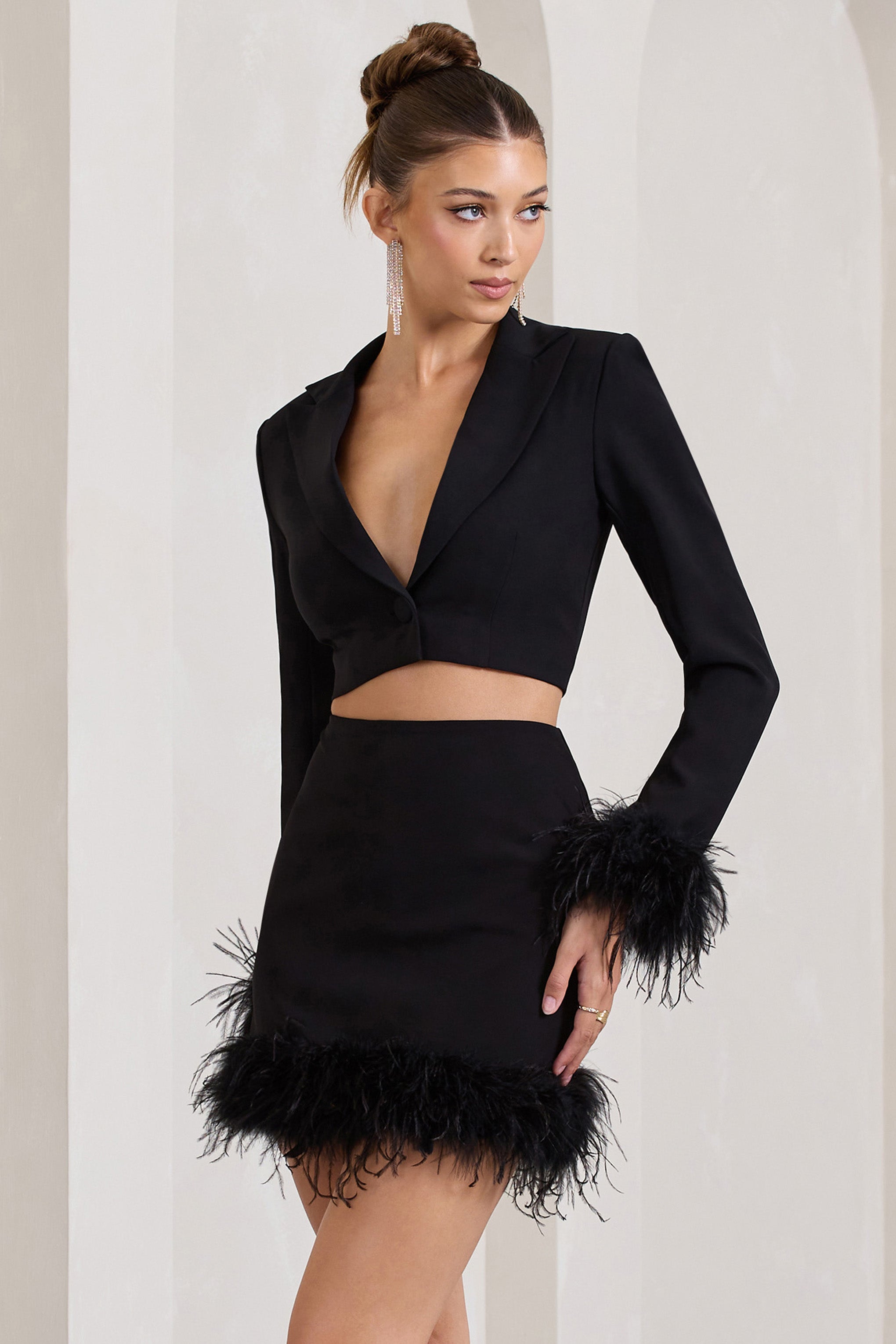 Tempting | Black Cropped Blazer With Feather Trim