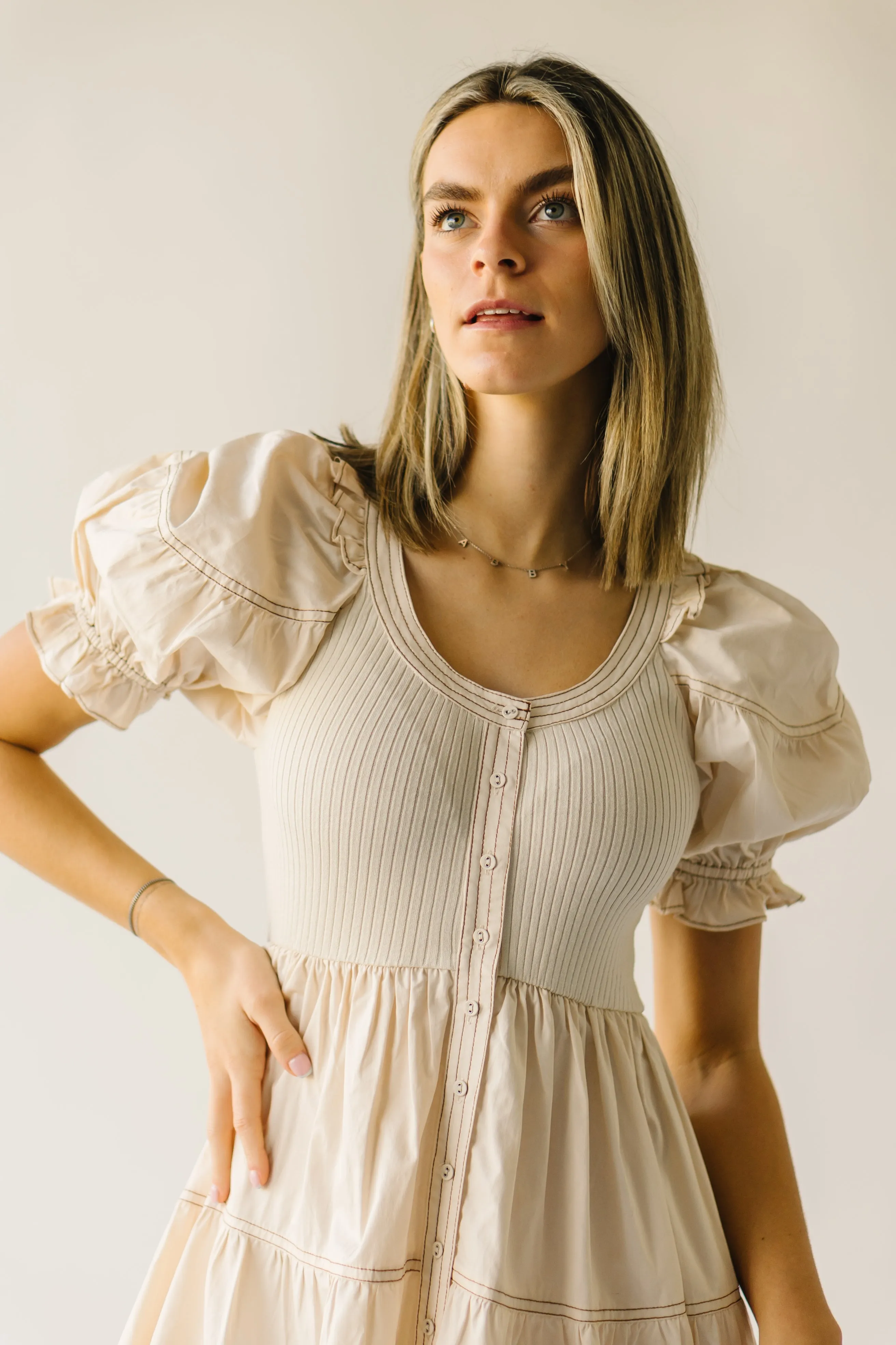 The Kora Tiered Ruffle Midi Dress in Natural