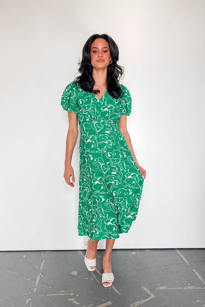 Tiki Time Puff Sleeve Midi Dress