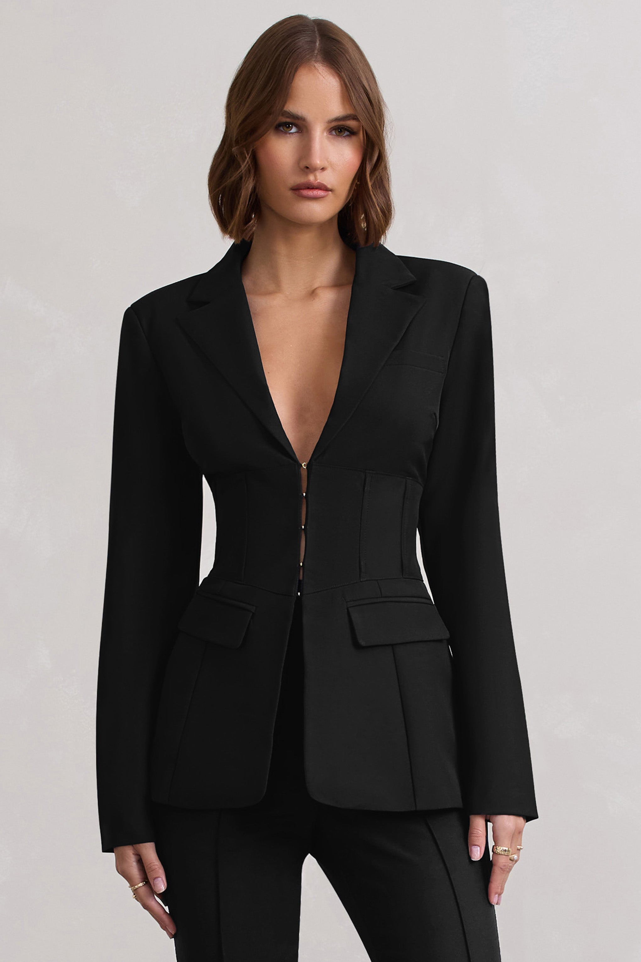 Unbeaten | Black Plunge Corset Waist Blazer