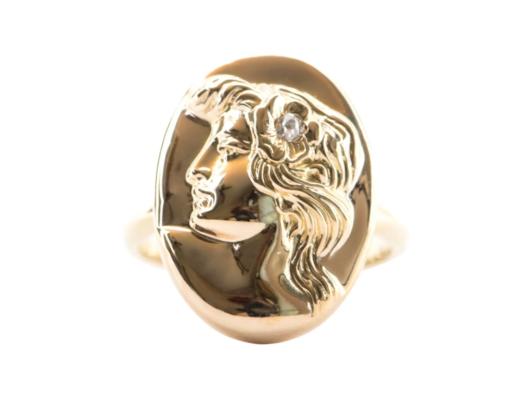 Victorian Art Nouveau Woman Face Diamond Repousse Ring 14K Yellow Gold R6281