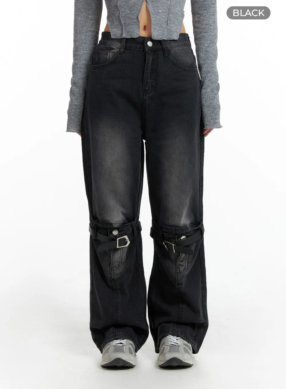 Wide Leg Buckle Strap Jeans IM405