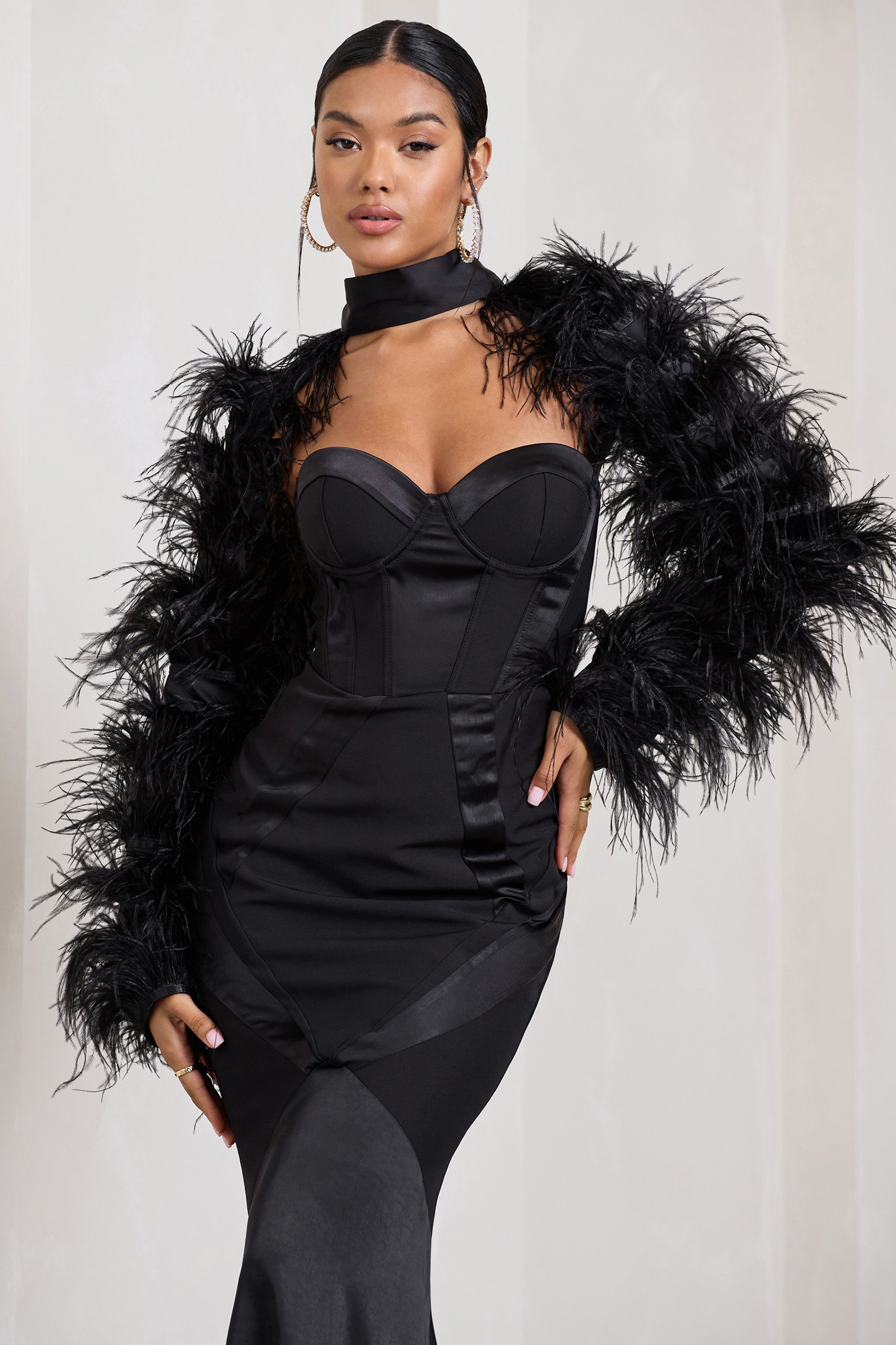 Wild | Black Satin Jacket With Long Feather Sleeves