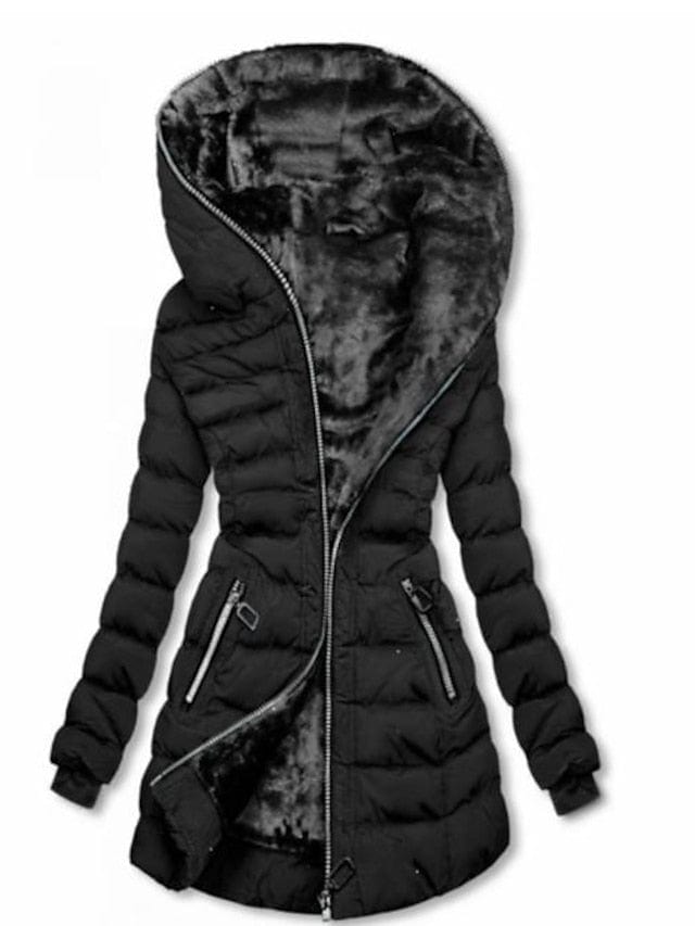 Women's Long Puffer Jacket with Full Zip and Hood in Multiple Colors