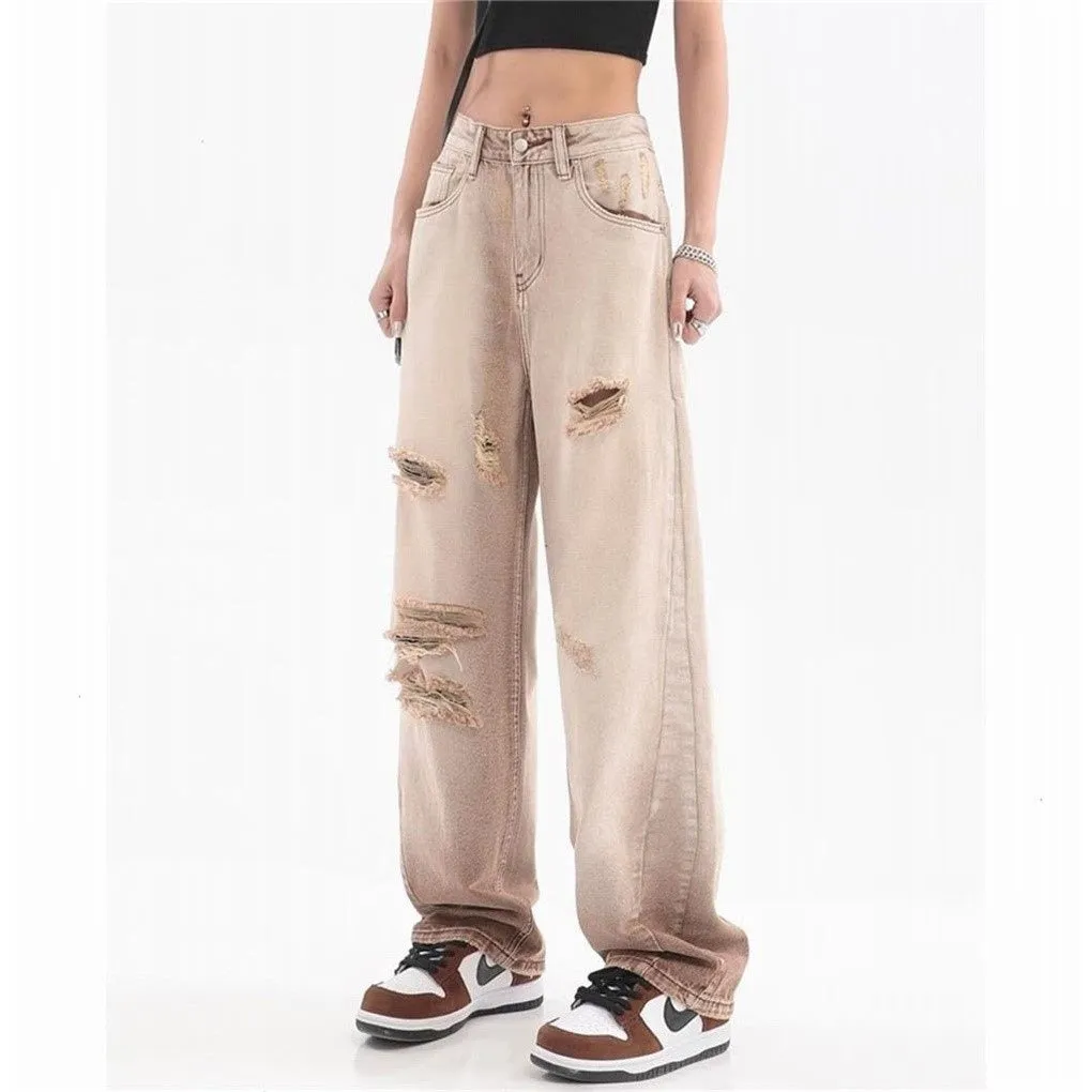 Women's Vintage Summer High Street Distressed Straight-Leg Pants