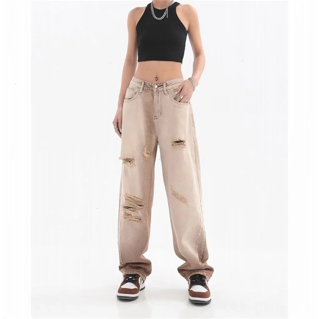 Women's Vintage Summer High Street Distressed Straight-Leg Pants