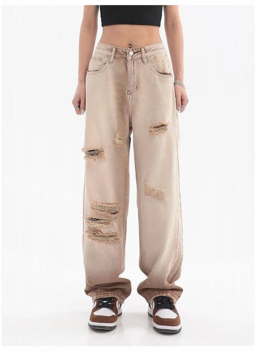 Women's Vintage Summer High Street Distressed Straight-Leg Pants